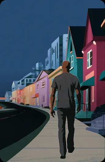 Illustration of a man walking down a street of colourful houses
