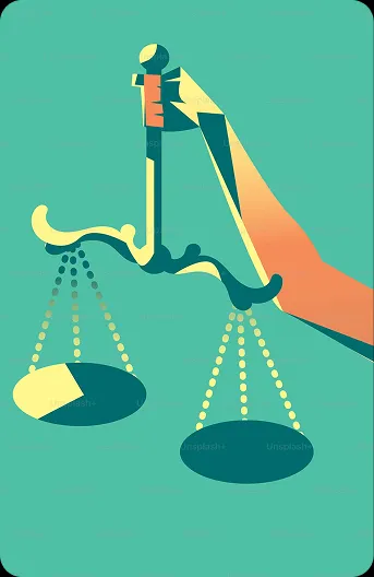 Illustration of a hand holding the scales of justice