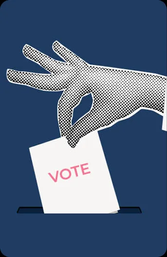 Illustration of a hand placing a ballot marked VOTE into a ballot box